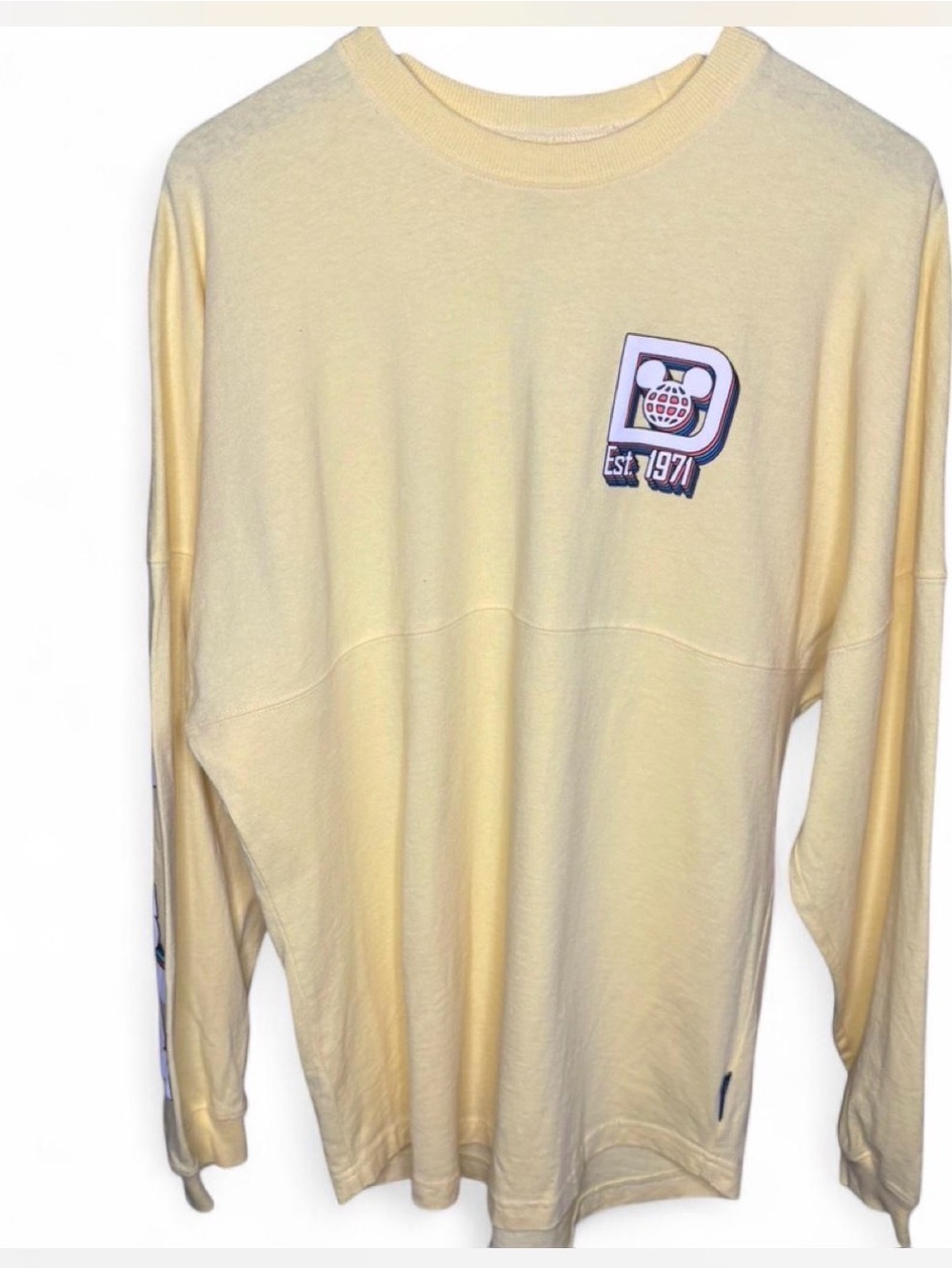 Disney Parks Spirit Jersey WDW Yellow Retro Logo Est 1971 Long Sleeve Size S